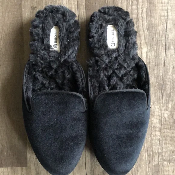 Birdies Phoebe Velvet Faux Fur Black Mules 7.5 - Picture 2 of 10